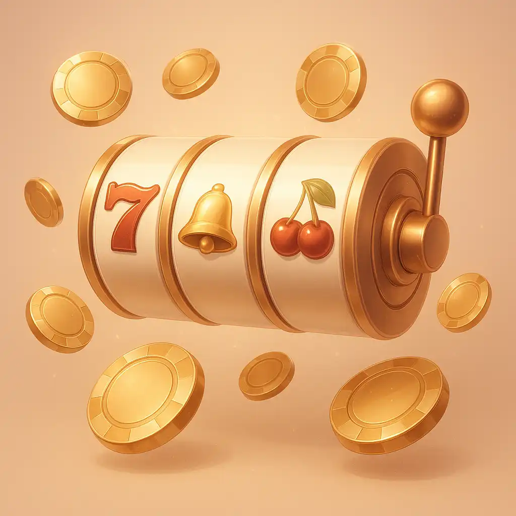 Illustration of Turbosven Casino slot reels and chips on a rose gold background